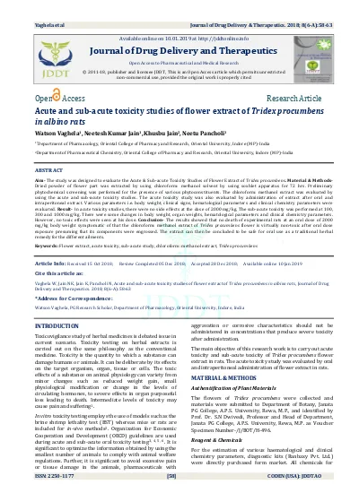 Top Pdf Acute And Sub Acute Toxicity Studies Of Flower Extract Of Tridex Procumbens In Albino Rats 1library