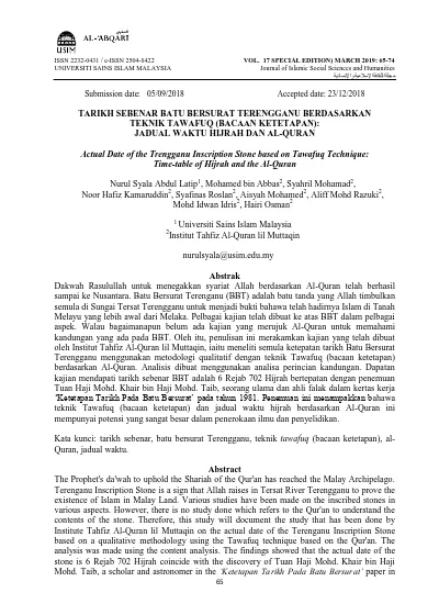 Tarikh Sebenar Batu Bersurat Terengganu Berdasarkan Teknik Tawafuq Bacaan Ketetapan Jadual Waktu Hijrah Dan Al Quran