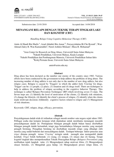 Menangani Relaps Dengan Teknik Terapi Tingkah Laku Dan Kognitif Cbt