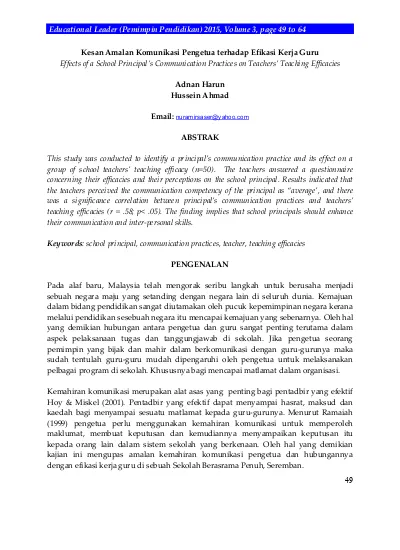 Effects Of A School Principal S Communication Practices On Teachers Teaching Efficacies