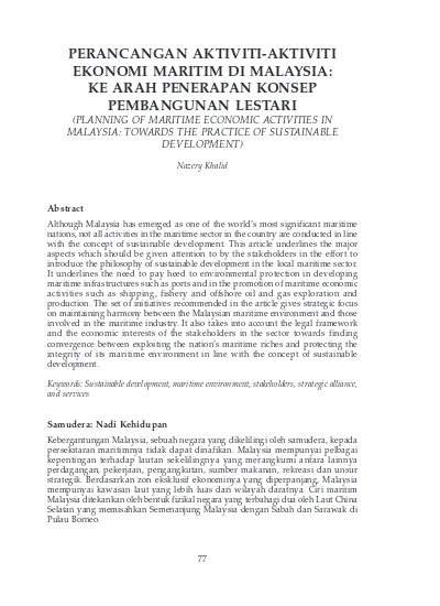 Perancangan Aktiviti Aktiviti Ekonomi Maritim Di Malaysia Ke Arah Penerapan Konsep Pembangunan Lestari Planning Of Maritime Economic Activities In Malaysia Towards The Practice Of Sustainable Development