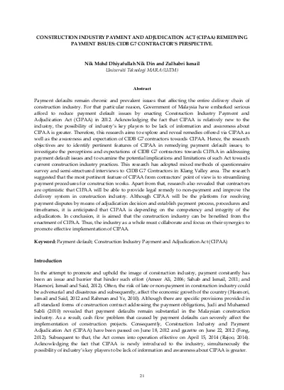 Top Pdf Construction Industry Payment And Adjudication Act Cipaa Remedying Payment Issues Cidb G7 Contractor S Perspective 1library