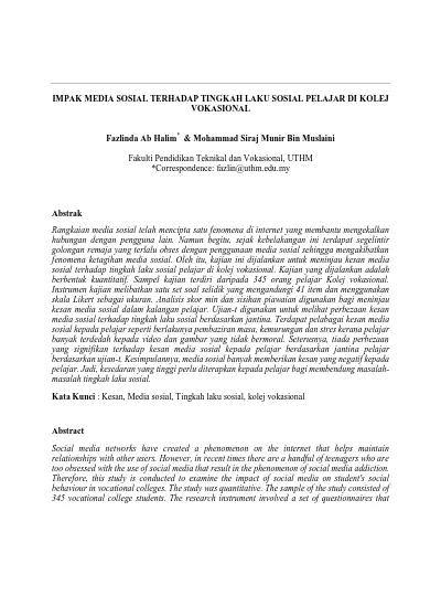 Impak Media Sosial Terhadap Tingkah Laku Sosial Pelajar Di Kolej Vokasional