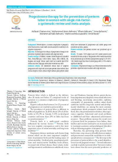 Progesterone Therapy For The Prevention Of Preterm Labor In Women With Single Risk Factor A Systematic Review And Meta Analysis