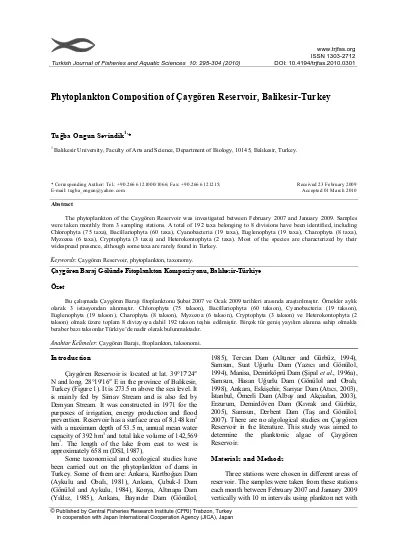 Influence Of Environmental Conditions On The Phytoplankton Community Assemblages In Suloglu Reservoir Edirne Turkey