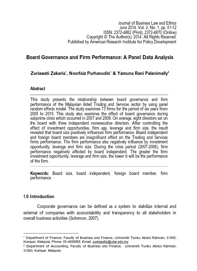 Top Pdf Board Governance And Firm Performance A Panel Data Analysis 1library