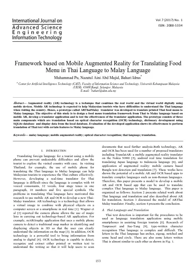 Framework Based On Mobile Augmented Reality For Translating Food Menu In Thai Language To Malay Language