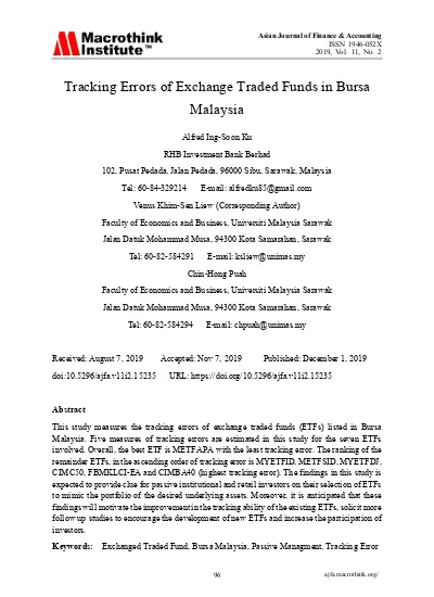 Tracking Errors Of Exchange Traded Funds In Bursa Malaysia