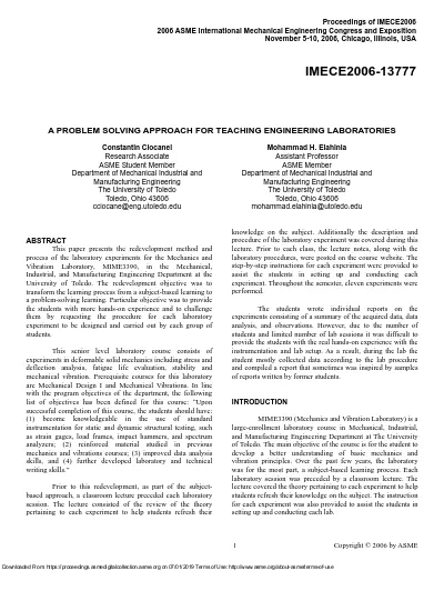 IMECE IMECE A PROBLEM SOLVING APPROACH FOR TEACHING ENGINEERING LABORATORIES