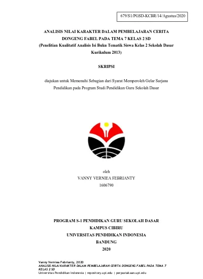 Analisis Nilai Karakter Dalam Pembelajaran Cerita Dongeng Fabel Pada Tema 7 Kelas 2 Sd Penelitian Kualitatif Analisis Isi Buku Tematik Siswa Kelas 2 Sekolah Dasar Kurikulum 2013