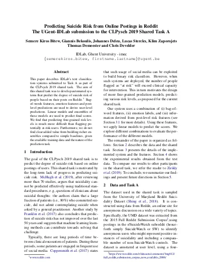 Clpsych 19 Shared Task Predicting The Degree Of Suicide Risk In Reddit Posts