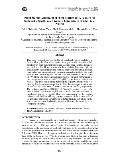 Profit Margin Assessment Of Sheep Marketing A Panacea For Sustainable Small Scale Livestock Enterprise In Gombe State Nigeria