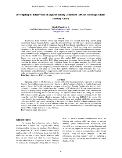 Investigating The Effectiveness Of English Speaking Community Esc In Reducing Students Speaking Anxiety