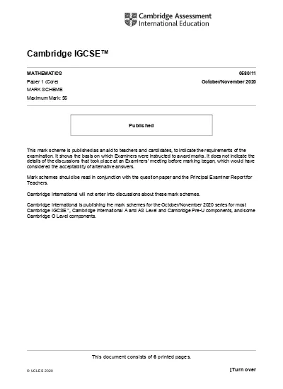 Mathematics 0580 11 Paper 1 Core October November Mark Scheme Maximum Mark 56 Published