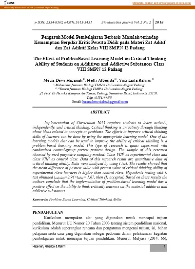 The Effect Of Problem Based Learning Model On Critical Thinking Ability Of Students On Additives And Addictive Substances Class Viii Smpn 12 Padang