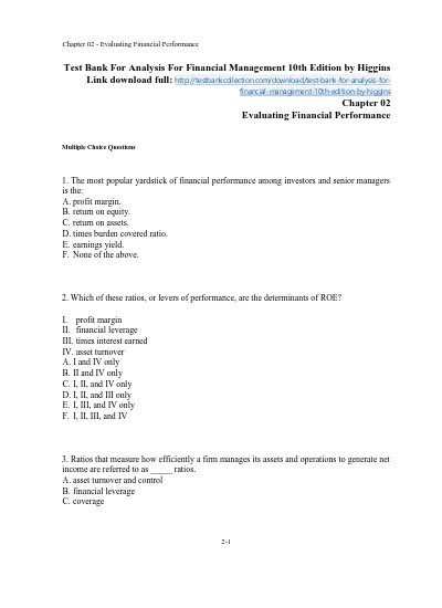 Test Bank for Analysis for Financial Management 10th Edition by Higgins