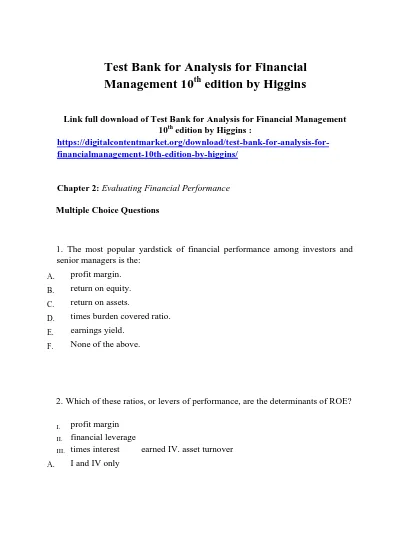 Test Bank for Analysis for Financial Management 10th Edition by Higgins