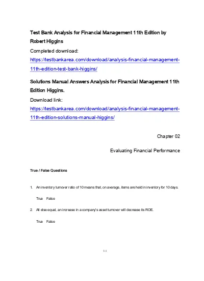 Test Bank Solutions Analysis for Financial Management 11th Edition by Robert Higgins